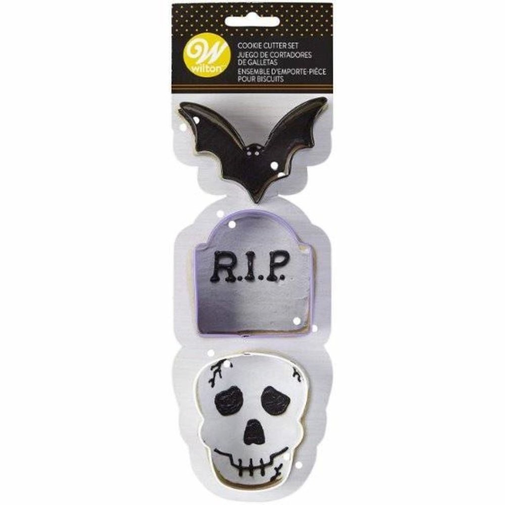 Halloween Cookie Cutters Bat Tombstone Skeleton Skull Wilton 3 Pc Set Metal